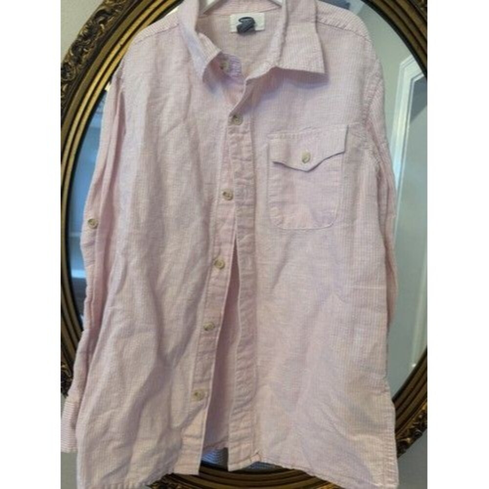 Old Navy Boys Med Size 8 Pink/White Striped Linen/Cotton Shirt, Long Sleeve